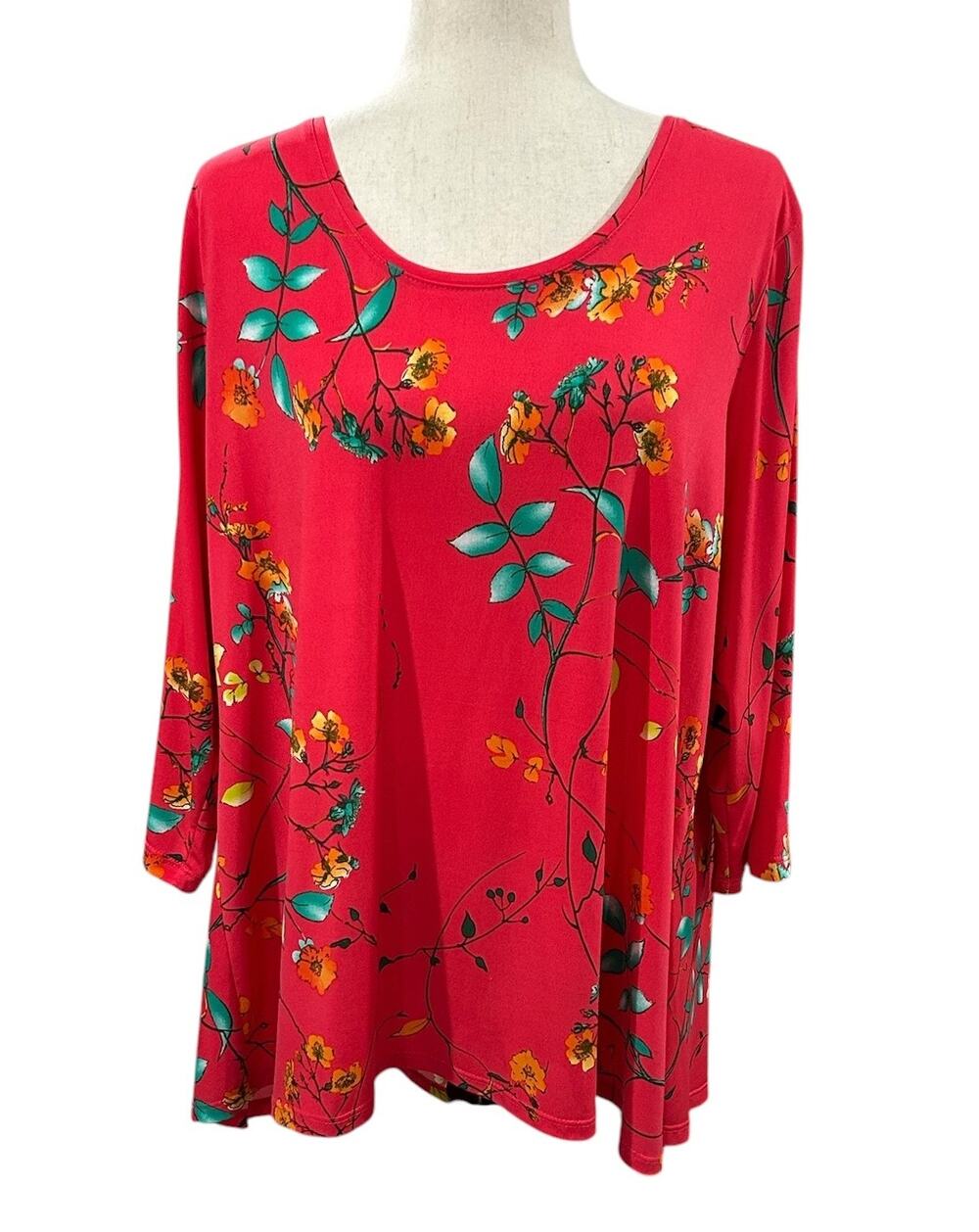 Susan Graver Liquid Knit Coral Red Top with Yellow and Green Floral Plus Size 1X